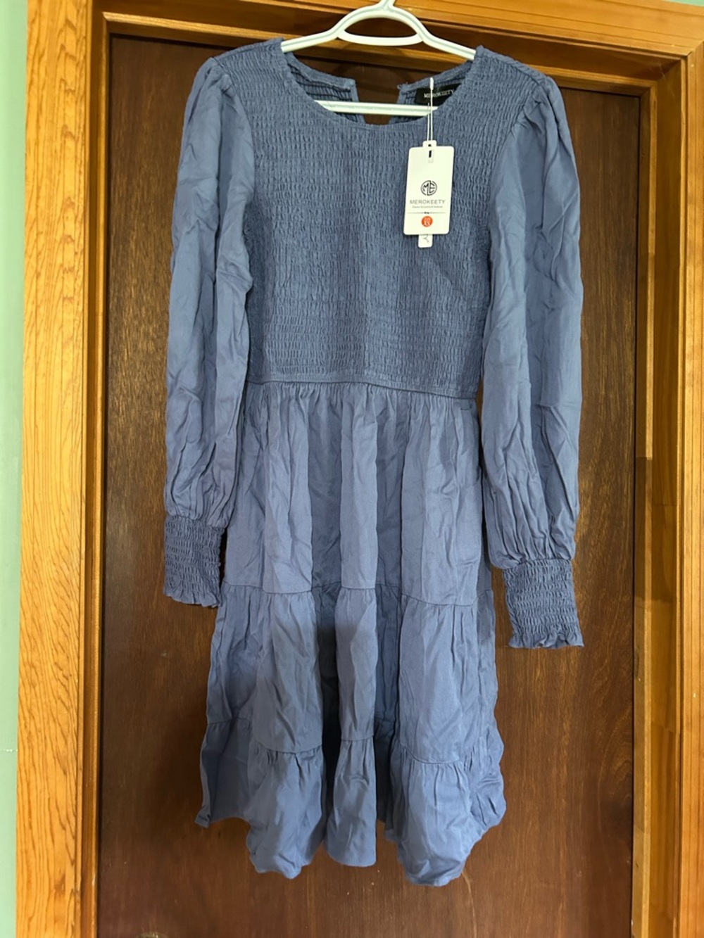 Merokeety Juniors Dusty Blue Smocked Tiered Long-Sleeve Dress